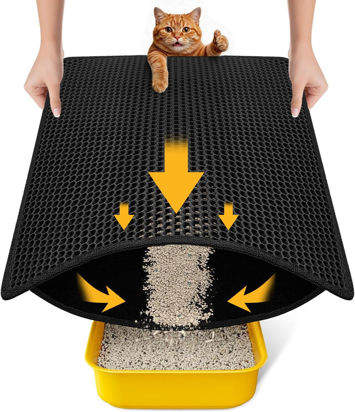 Cat Litter Mat Compact Size 23.6"X14.6" for Small Spaces, Upgrade Waterproof Leakproof Back Layer, Honeycomb Trapping Mat, Washable, Easy to Clean, Scatter Control Kitty Litter Matt, Black