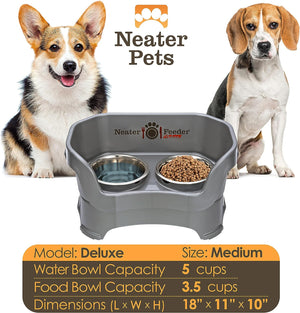 Neater Feeder Deluxe Mess Proof Dog Bowls Elevated for Medium Dogs 19-40 Lbs, Made in USA, No Spill Raised Dog Food Bowl Stand Feeding Station, Food and Water Bowl Set, Gunmetal